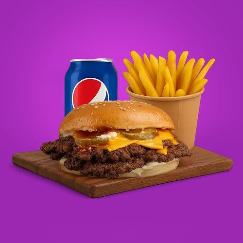 Double Original Beef Burger - 2 Beef burgers, mayo, kitchup, mustard, &nbsp;yellow cheese, &nbsp;pickles
with fries and drink