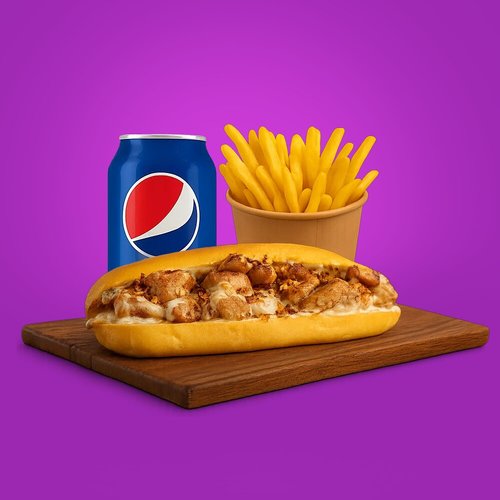 Spicy Chicken - Grilled chicken,grilled onion, white cheese, spicy sauce , red Sprinkle pepper &nbsp;,mayo
with fries and drink