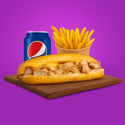 Cheesy Chicken - Grilled chicken,grilled onion, &nbsp;cheese sauce
with fries and drink
with fries and drink