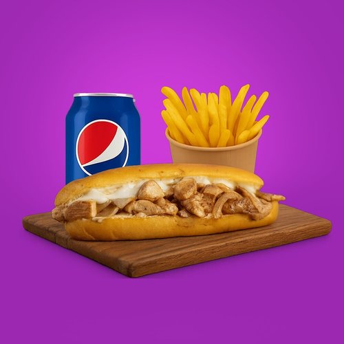 Chicken Mushroom - Grilled chicken,grilled onion, white cheese, mushroom, mushroom sauce
with fries and drink