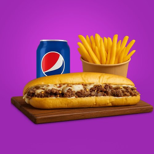 Spicy Steak - Beef steak,grilled onion, white cheese, spicy sauce , red Sprinkle pepper &nbsp;,mayo

with fries and drink