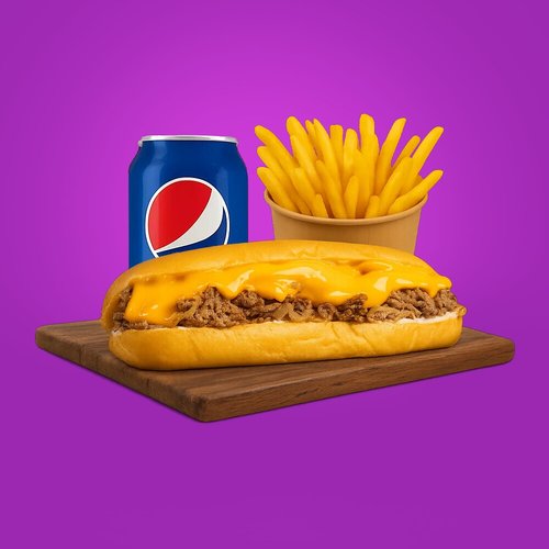 Cheesy Steak - Beef steak,grilled onion, cheese sauce ,mayo
with fries and drink