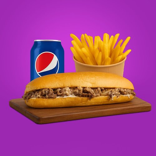 Mushroom Steak - Beef steak,grilled onion, white cheese, mushroom, mushroom sauce ,mayo
with fries and drink