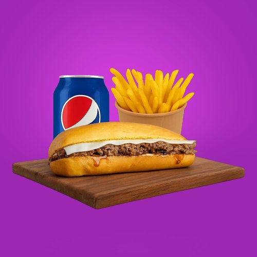 Teriyaki Steak - Beef steak,grilled onion, white cheese, teriyaki sauce ,mayo

with fries and drink