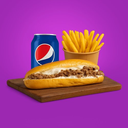 Original Steak - Beef steak, grilled onion, white cheese ,mayo with fries and drink