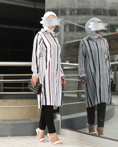 Code 19 - Free Size - Long striped shirt, raw crepe is light and cool and doesn't sting