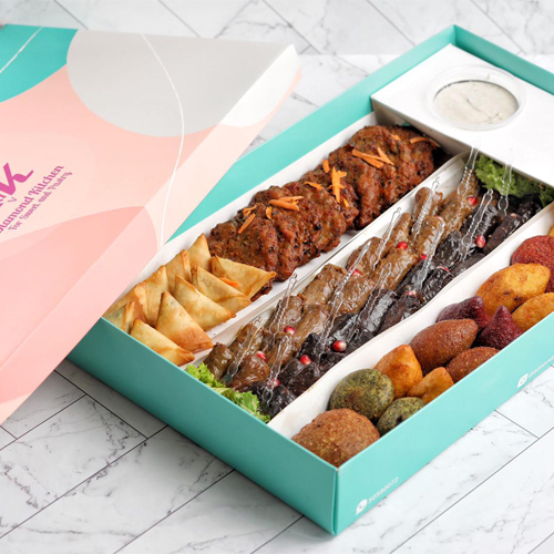 gathering box - mix kubba & samosa &vege kabab & grape leaves & cabbage