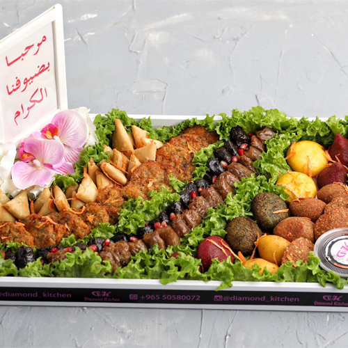 big gathering white tray - wood tray(big) with fried items and grape leaves & cabbage