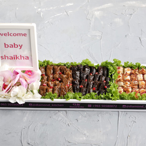 white tray mix mosakhan & grape leaves & cabbage - small tray