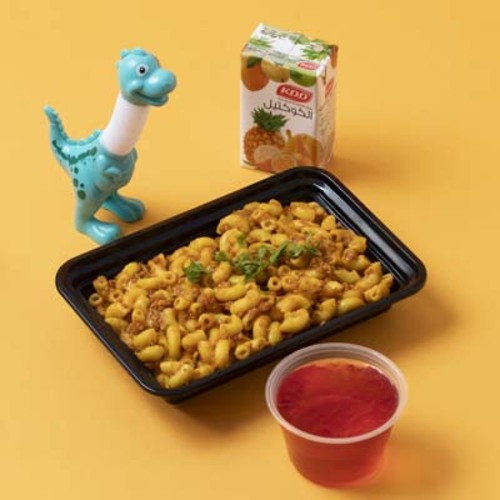 Altaybeen pasta-Kids Meal - Al-Taybeen pasta dish for children, pasta with red sauce and minced meat, with juice, jelly candy, and a toy for the child