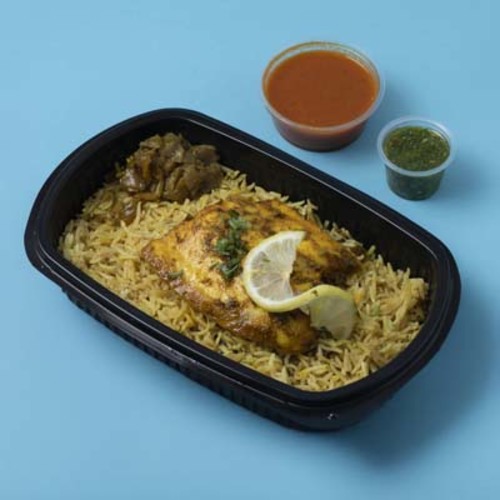 Fish Mutabbaq [439 Calories] - Fish fillet mutabbaq 439 calories 200 grams of Rice with a piece of fish fillet cooked in the oven with special seasoning served with daqoos and green maboj