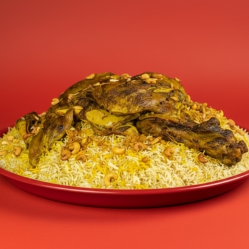 Mini Qoozi Tray - Serves 3 – 4 persons, featuring a tender, solid cut of Australian lamb with traditional Nethri rice, crunchy nuts, authentic Kuwaiti stuffing, Adani fat, Daqoos sauce, assorted Kuwaiti sides, and pickles – a rich and complete Kuwaiti dining experience.