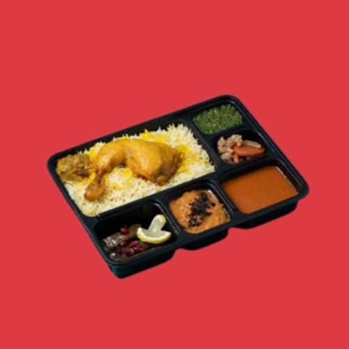 Chicken Machboos - Saving Meal - Chicken majboos dish: 350 grams of majboos Rice and Kuwaiti filling, with a quarter chicken with bones and daqoos, 120 grams of jareesh, 3 grape leaves, green maabouj and agar