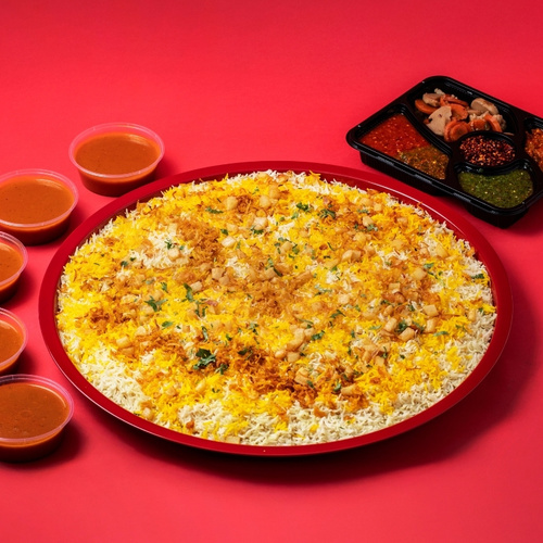 Chicken Biryani Tray - Chicken Biryani tray served with premium basmati rice, chicken, special biryani mix, Daqoos sauce, five varieties of Mabooj, and Achar.