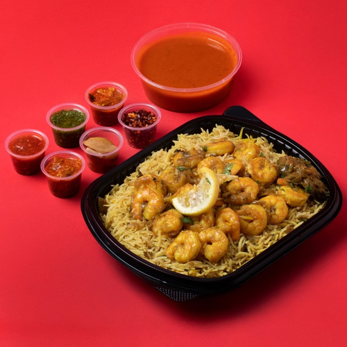 Marbiyan - Kuwaiti Marbiyan made with fluffy rice and shrimp, served with Daqoos, five varieties of Mabooj, and Achar