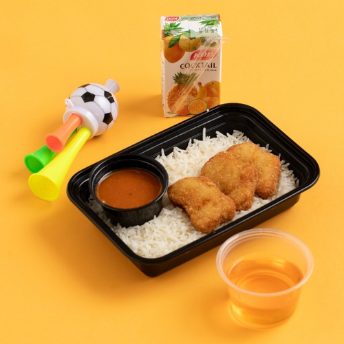 Chicken Nuggets[Kids Meal] - Kids Chicken Nuggets Meal: Crispy chicken nuggets with white basmati rice, served with jelly, juice, and a toy for the child