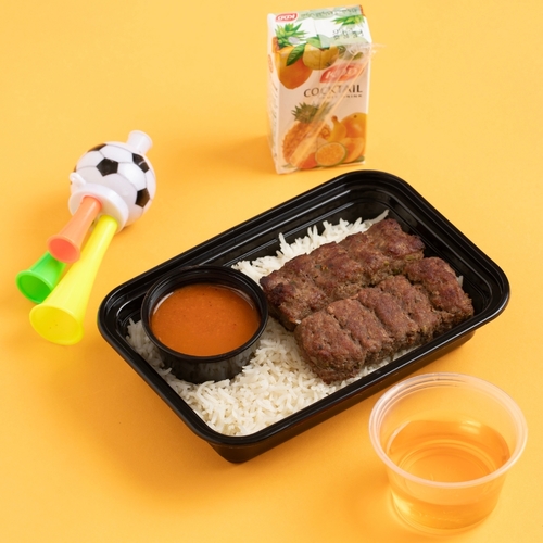 Beef Kofta [Kids Meal[ - Beef kofta pieces with white basmati rice, served with jelly, juice, and a toy for the child