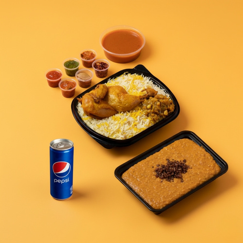 Chicken Machboos Combo - Tender chicken served with premium basmati chicken machboos rice and authentic Kuwaiti stuffing, accompanied by a selection of traditional maabooj sauces and daqous, plus a side of classic Kuwaiti jareesh and a cold soft drink.