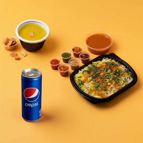 Chicken Biryani Combo - Flavorful chicken biryani prepared with premium basmati rice and rich biryani spices, served with authentic Kuwaiti stuffing, a selection of traditional pickles and daqoos sauce, accompanied by a warm lentil soup and a chilled soft drink for a complete and satisfying meal.