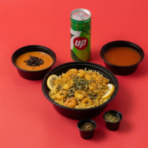 Marbin Combo - Marbin dish with shrimp pieces, served with fish rice and daqous sauce, plus an appetizer of your choice and a soft drink
