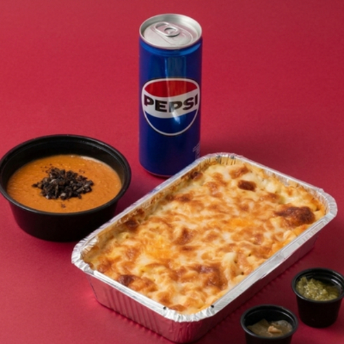 Béchamel Pasta Combo - Boiled pasta with béchamel sauce and mozzarella cheese, served with an appetizer of your choice and a soft drink