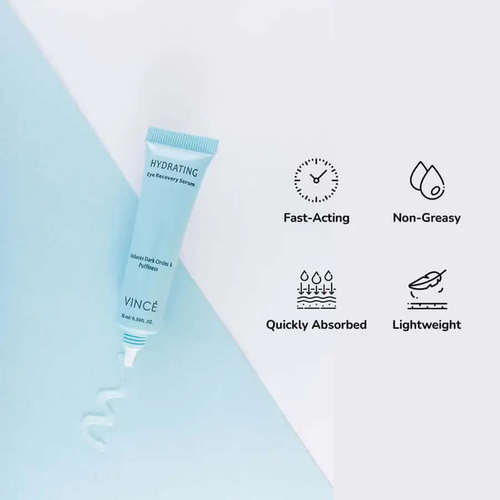 Hydrating Eye Recovery Serum - مصل Vince Hydrating Eye Recovery Serum هو تركيبة مبتكرة جديدة مصممة لتحديد وتقوية وتفتيح منطقة الجلد تحت العين، مع تخفيف مظهر الهالات السوداء وأكياس العين والعيوب والخطوط. جل خفيف الوزن وغير مهيج ومنعش، غني بمادة Pal-GHK وPal-GQPR مع N-Hydroxysuccinimide التي تعمل معًا لتفتيح الهالات السوداء وتحسين مرونة الجلد والمساعدة في تحفيز إنتاج الكولاجين. تم تصميم هذا المصل الخفيف لتفتيح الهالات السوداء حول العينين بشكل فعال ويساعد في مكافحة الانتفاخات الناتجة عن الشيخوخة أو أي أسباب أخرى، ويساعد في ترطيب البشرة، لذلك لن تشعر أبدًا بالجفاف تحت عينيك، كما أنه مثالي للاستخدام تحت المكياج.