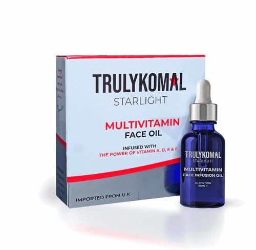 Multi Vitamin Face Infusion Oil - Truly Komal Multi-Vitamin Face Oil: Your Skin’s Radiant AllyUnlock the secret to luminous skin with Truly Komal's Multi-Vitamin Face Oil, a premium serum specially formulated for all skin types. Crafted in the UK, this face oil is more than just a skincare product; it’s an essential step in your daily regimen, designed to rejuvenate and enhance your natural beauty.Harness the Power of VitaminsOur Multi-Vitamin Face Oil boasts a distinctive blend of premium vitamins that work harmoniously to deliver transformative benefits:Vitamin A: This powerhouse vitamin accelerates healing, preventing breakouts and enhancing your skin’s resilience. With regular use, you’ll notice a smoother, clearer complexion.Vitamin D: Often referred as 