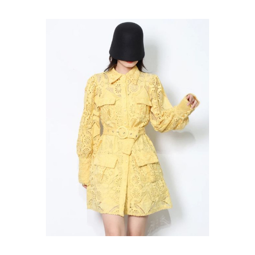 Yellow Shirt Dress Perforated - Yellow shirt dress perforated design with belt