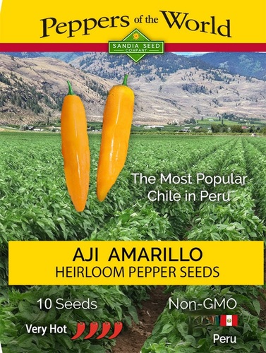 Aji Amarillo Sandia - Aji Amarillo is the chile most frequently used in Peru and probably the most important ingredient in Peruvian cooking. Aji means chili pepper and amarillo means yellow in Spanish. This chile is found in the famous appetizer Papa a la Huancaína (Potatoes with Spicy Cheese Sauce), and in the classic dish Ají de Gallina (Peruvian Creamed Spicy Chicken). Its fruity mango-like taste is delicious with a nice tropical aroma. The Capsicum baccatum species all have fuzzy leaves as a distinguishing characteristic, and this one is no different. The plant is lanky and very large 4' - 5' tall. It produces an abundance of 5-6” peppers that start off green and mature to deep yellowish-orange. It has a wonderful fruity flavor with intense heat. Capsicum baccatum (85 days) Heat Level: Very Hot  Scoville 30,000 - 50,000 ~ Packet contains 10 seeds.  In early spring, start seeds indoors 8 weeks prior to warm nightly temperatures. Place the seeds in sterile media and cover 1/4” deep. Provide 85°F bottom heat, and bright light, and keep moist at all times. Seeds will germinate in 7 - 21 days. Transplant seedlings into pots and grow until there are 6 true leaves on the plant. Plant them directly into rich soil, 30” apart, or into large 5-gallon containers. Harvest chiles when they are yellowish-orange.