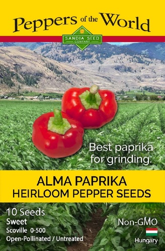 Alma Paprika Sandia - Alma is one of the best paprikas for drying, grinding, or picking straight from the plants and eating fresh. Paprika is a kitchen staple that is easy to make with homegrown peppers. Cut open, remove seeds, and dry the pepper flesh. Then use a spice grinder to make it into a powder. Store tightly in a jar.
 This popular heirloom produces 2” round, thick-walled peppers with a sweet flavor and a hint of warmth. Turns from creamy white to orange, then to red at maturity. The very productive plants are 24” tall and easy to grow. Capsicum annuum (80 days) Heirloom, Open-pollinated Heat Level: Sweet   Scoville: 0-500 ~ Packet contains 10 seeds.  In early spring, start seeds indoors 8 weeks prior to warm nightly temperatures. Place the seeds in sterile media and cover 1/4” deep. Provide 85°F bottom heat, bright light, and keep moist at all times. Seeds will germinate in 7 - 14 days. Transplant seedlings into pots and grow until there are 6 true leaves on the plant. Plant them directly into rich soil, 30” apart or into large 5-gallon containers. Harvest peppers when they are red.