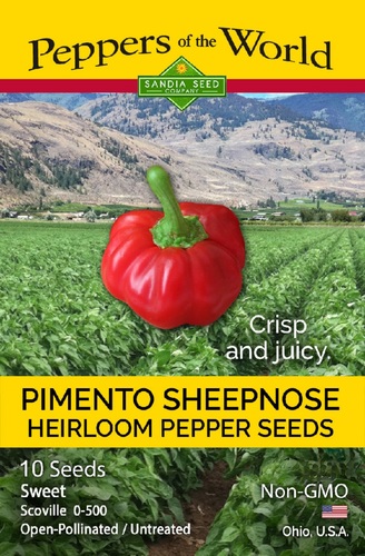 pimento Sheep Nose Pepper Sandia - This beautiful cheese-type sweet pepper ripens from green to fire-engine red. One of the best pimento peppers to grow at home. This ribbed pepper is quite stunning in the garden or on your plate. Sheepnose Pimento Pepper is an Ohio heirloom, able to handle northern climates. Pimentos are great for stuffing, roasting, snacking, the classic cheese spread, and for stuffing olives.
 Thick-walled, crisp, and juicy peppers are 3-4” wide by 2-3” wide with thick stems. Plants are 24” tall and easy to grow.   Capsicum annuum (70 days)  Heirloom, Open-pollinated Heat Level: Sweet Scoville: 0-500 ~ Packet contains 10 seeds.  In early spring, start seeds indoors 8 weeks prior to warm nightly temperatures. Place the seeds in sterile media and cover 1/4” deep. Provide 85°F bottom heat, bright light, and keep moist at all times. Seeds will germinate in 7-14 days. Transplant seedlings into pots and grow until there are 6 true leaves on the plant. Plant them directly into rich soil, 30” apart or into large 5-gallon containers. Harvest peppers when they are red.