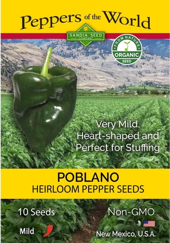 Poblano Pepper Sandia ORG Organic - Poblano - Fresh green poblanos make some of the best rellenos because of their mild heat and heart-like shape. Anchos are the dried form of this pepper, and are used in making many sauces like mole. This heirloom is easy to grow.  Chiles are 4