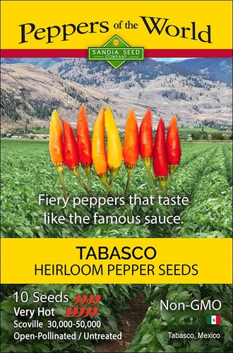 Tabasco Pepper Sandia - Create the flavorful tabasco sauce with fresh, fleshy and peppers in the right state of ripeness. Add distilled white vinegar and salt. Some recipes add garlic and sugar. Ferment and enjoy! Check out our amazing Easy Fermented Hot Sauce Recipe »
 Plants are 2’- 4’ tall and loaded with slender 1-1/2” pods that grow upright. Chiles mature from yellow-green to bright red and have a unique, smoky flavor that creates their distinctive tabasco taste. Easy to grow and vigorous. Good for container gardens and ornamental.
 Capsicum frutescens (81 days) Heirloom - Open Pollinated
 Heat Level: Very Hot  Scoville: 30,000 - 50,000
 ~ Packet contains 10 seeds.
 In early spring, start seeds indoors 8 weeks prior to warm nightly temperatures. Place the seeds in sterile media and cover 1/4” deep. Provide 85°F bottom heat, bright light and keep moist at all times. Seeds will germinate in 7 - 21 days. Transplant seedlings into pots and grow until there are 6 true leaves on the plant. Plant them directly into rich soil, 30” apart or into large 5 gallon containers. Harvest peppers when they are full size and glossy red.