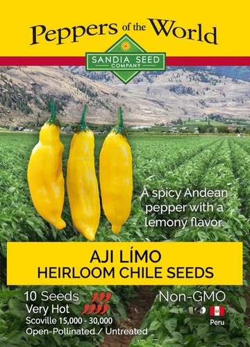 Aji Lemo Pepper / Lemon Drop Pepper Sandia - Aji Limo - One of the most flavorful of the Andean peppers has survived from pre-Columbian times. Its distinctive citrus flavor and the bright yellow pods immediately bring to mind the crisp aromas of lemons and limes. This pepper is extremely spicy, but when it’s tempered by cooking in sweet-flavored salsas, the lemony taste is dynamite and it is truly citrusy. Raw and finely chopped this pepper adds flavor, color and heat to ceviches.  The prolific plants are also hard to kill, so they're perfect for first time pepper growers! It bears heavily, with dozens of small, waxy-skinned fruit that turn from light green to golden yellow at ripeness. This pepper has a long growing season and produces well into the cooler months. Small 24” plants and 2“ pods. Commonly known as Lemon Drop pepper. Capsicum baccatum  (100 days) Heat Level: Very Hot  Scoville 15,000 - 30,000 ~ Packet contains 10 seeds.  In early spring, start seeds indoors 8 weeks prior to warm nightly temperatures. Place the seeds in sterile media and cover 1/4” deep. Provide 85°F bottom heat, bright light and keep moist at all times. Seeds will germinate in 7-14 days. Transplant seedlings into pots and grow until there are 6 true leaves on the plant. Plant them directly into rich soil, 24” apart or into large 3 gallon containers. Harvest peppers when they are yellow