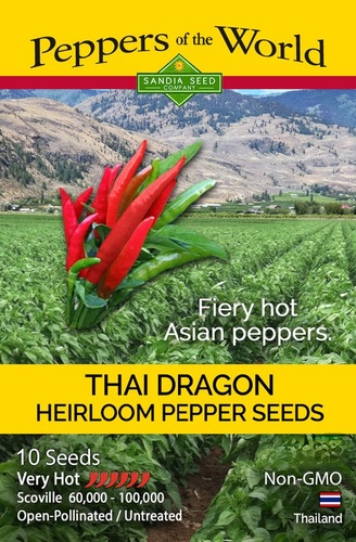 Thai Dragon Hot Pepper Sandia - A beautiful plant with many flowers that produce spicy hot 3” pointed fruits. The peppers begin green and as they mature will ripen into a deep red color. Both green and red peppers appear on the plant at the same time. which makes them a fantastic ornamental variety as well as edible. 
  Thai Dragon peppers can be harvested and used while still small and green or later at a mature red color. Great for your Asian-inspired recipes. A little bit goes a long way! 
  Produces a heavy crop on small 18” plants. Easy to grow. 
  Capsicum frutescens (90 days)  Heirloom, Open-pollinated 
  Heat Level: Very Hot Scoville: 60,000 - 100,000 
  ~ Packet contains 10 seeds. 
  In early spring, start seeds indoors 8 weeks prior to warm nightly temperatures. Place the seeds in sterile media and cover 1/4” deep. Provide 85°F bottom heat, bright light, and keep moist at all times. Seeds will germinate in 7 - 21 days. Transplant seedlings into pots and grow until there are 6 true leaves on the plant. Plant them directly into rich soil, 36” apart or into large 5-gallon containers. Harvest peppers when they are green or red.