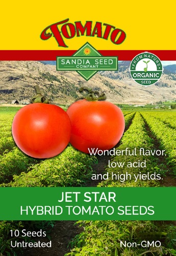 TOMATO Jet Star F1  Organic Sandia - One of the most popular tomatoes at farmers' markets because it is so easy to grow, has a sweet flavor, and is uniformly red. Its yields are strong throughout the season. In addition, these tomatoes are versatile and produce in a wide variety of climates. They are both heat-tolerant and can tolerate colder climates. History: The Jet Star hybrid tomato has been around for a long time, being first introduced by Joseph Harris Co. Seed Catalog 1969. In 1879, Joseph opened the Harris Seed Co. at Moreton Farm. He offered a 44-page catalog free of charge and sent out 30,000 copies. In 1880, he built his first seed house, and by 1890 the mail-order business was so profitable that a postal station was established at the farm. Organic Non-GMO, Hybrid  (72 days) Plant Habit: Indeterminate  Plant Size: 3’. Fruit Color: Red. Shape: Round. Size: 8 oz.  10 seeds        All of our seeds are GMO-free.