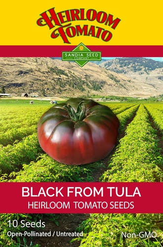 Tomato Black from Tula Sandia - NEW VARIETY - ARRIVING OCTOBER 2021! Open-pollinated (85 days) Fruit Color: Brownish Red. Size 12-14 oz. Shape: Flattened Globe. Plant Habit: Indeterminate. Plant Size: 6 ft. A rare Russian heirloom tomato that produces large black tomatoes. This beefsteak variety has deep reddish-brown skin and a rich, sweet, and spicy old-fashioned taste. It is rated among the best for dark heritage tomatoes. The indeterminate plants require space and good support. The great flavor and meaty flesh make it ideal for eating fresh or cooking. Heirloom, Non-GMO    10 Seeds