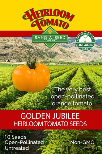 Tomato Golden Jubilee Organic Sandia - Meaty and thick, golden-orange skin with a mild flavor. A great choice for its low acidity and high Vitamin C content. History: The Golden Jubilee was first introduced in 1943 by the W. Atlee Burpee & Co. which was established in 1876. After almost 150 years Burpee continues and has grown into a very large organization. Golden Jubilee is sweet, mild and meaty. Its mild flavor pairs well with other ingredients and it holds its orange color when cooked. An All American Selections winner in 1943. Open-pollinated, Organic (80 days) Plant Habit: Indeterminate.  Plant Size: 6’.  Fruit Color: Orange.  Shape: Globe.  Size: 6-8 oz. 10 seeds