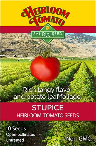 Tomato Stupice Hierloom  Sandia - Open-pollinated heirloom  (60 days)
 Fruit Color: Red. Shape: Round. Size: 4 oz. Plant Habit: Determinate  Plant Size: 3-4’
 Succulent 4 oz. red fruits have a rich tangy sweet flavor. This vigorous plant with potato leaf foliage is an abundant producer.
 Stupice is a 'cold-set' variety but is also an all-weather standout because it is able to produce in hot weather, too.
 History: This heirloom tomato is from Czechoslovakia and arose in 1955 from a cross made at the cultivator station in the community of Stupice (near Prague). It bears an abundance of very sweet, flavorful 2-3