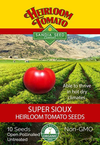 Tomato Super sioux Organic  Heirloom Sandia - Open-pollinated, Organic, Heirloom  (71 days) 
Fruit Color: Red. Shape: Round. Size: 4-6 oz. Plant Habit: Semi-determinate  Plant Size: 5’ Round red 4-6 oz. fruit has an excellent balance of sweet and acid flavor. Notable for its ability to thrive in hot dry climates. History: The heirloom tomato Sioux was released in 1944 by the University of Nebraska. The Super Sioux is a later selection with a larger size, improved taste, and more disease resistance. The flavor is an exquisite blend of sweet, acidic and earthy flavors. A perfect variety for hot and dry climates. Non-GMO    10 Seeds 
All of our seeds are GMO-free