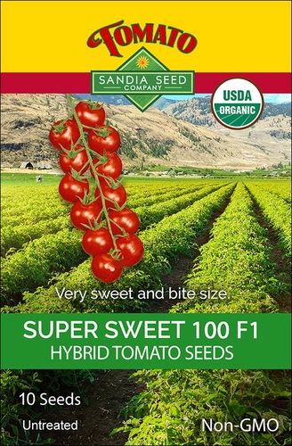 Tomato Super Sweet  100 Hybrid F1 Sandia - Hybrid Tomato  (65 days) Fruit Color: Red. Size:  Cherry 1