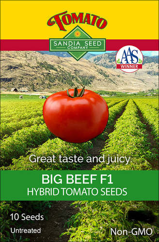 Big Beef Hybrid Tomato F1 Sandia - Hybrid Tomato  (75 days) Fruit Color: Red. Shape: Round. Size: 12-16 oz.  Plant Habit: Indeterminate  Plant Size: 6-8’ A delicious and juicy beefsteak-type tomato, early to bear, and highly disease resistant. Produces reliably in cool and wet weather and also tolerates heat. Vines grow tall, so give support with a tall cage. An AAS All-America Selections winner as an outstanding tomato and one of the best performers. Everyone should grow this incredible tomato at least once, because then you will always grow it! History: A national favorite with old-time flavor and is resistant to many diseases. It grows well throughout the country and earned its All-America Selections designation in 1994. 10 Seeds