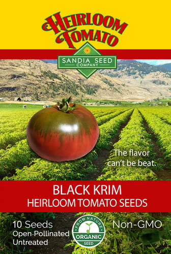 Black Krim Tomato Organic  Sandia or PWS - Beautiful 10 oz. maroon fruits with green shoulders have a flavor that can’t be beaten. A great prolific all-around tomato. It produces early and continues to produce until frost. Also, heat tolerant and very disease resistant. 
 This is a rare Russian heirloom tomato with a rich salty flavor and beautiful color inside. It is genuinely unrivaled in flavor - intense, rich, and juicy. If you’ve never grown or tasted a purple/brown tomato, this is the best one to choose! 
 Fruit Color: Purple-Black with green shoulders. Shape: Flattened Globe Size: 10 oz. Plant Habit: Indeterminate  Plant Size: 5’ 
 Open-pollinated -Heirloom - Organic (75-90 days) 
 10 Seeds   
 Organically-sourced Seeds All of our seeds are GMO-free.