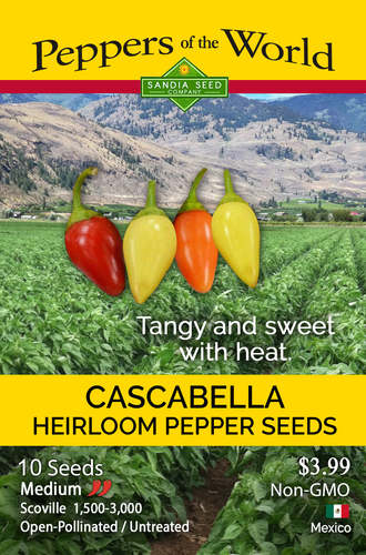 فلفل كاسكابيلا ملون حامض حلو وحار سريع الاثمار - Cascabella peppers are typically eaten fresh in the yellow stage and are often pickled. Because they are so easy to grow, and productive many home gardeners pickle these whole or sliced in rings. If you enjoy jalapeños, you will love these little yellow chiles. Check out our Pickled Cascabellas Recipe »
 Expect heavy yields of tart and crisp 2” long conical-shaped peppers. The thick wax-type skin matures from creamy-yellow to orange, and then red when fully mature. Sturdy plants grow 18-24” tall with dark green leaves. Capsicum annuum (80 days) Heat Level: Medium  Scoville 1,500 - 3,000 ~ Packet contains 10 seeds.  In early spring, start seeds indoors 8 weeks prior to warm nightly temperatures. Place the seeds in sterile media and cover 1/4” deep. Provide 85°F bottom heat, bright light, and keep moist at all times. Seeds will germinate in 7 - 14 days. Transplant seedlings into pots and grow until there are 6 true leaves on the plant. Plant them directly into rich soil, 30” apart or into large 5-gallon containers. Harvest chiles when they are yellowish-orange.  
All of our seeds are GMO-free.