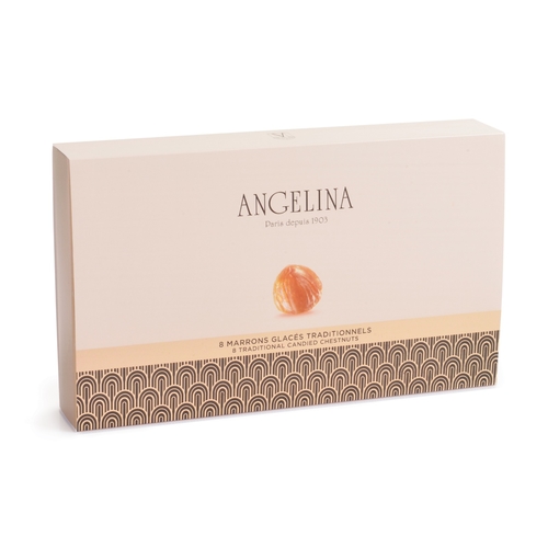 Marrons glacés – Candied chestnuts - The ultimate in gourmet delights, these “marrons glacés” are Angelina's signature product. Made in France, the finest chestnut fruits are selected and candied using traditional methods. Vacuum-packed to preserve all their freshness.Enjoy them as they come! In generous chunks, these “marrons glacés” are also the perfect addition to your ice creams, and homemade cakes.