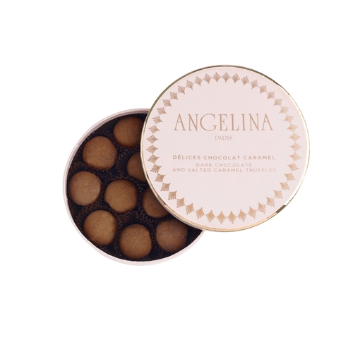 Dark chocolate and caramel delight - In its elegant box, Angelina offers delicious dark chocolate domes with a runny caramel heart.