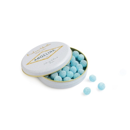 Mints Candies - In an elegant pillbox, Angelina offers traditional berlingots. Blue pearls type of candies made in France, with natural mint aromas for a fresh touch.