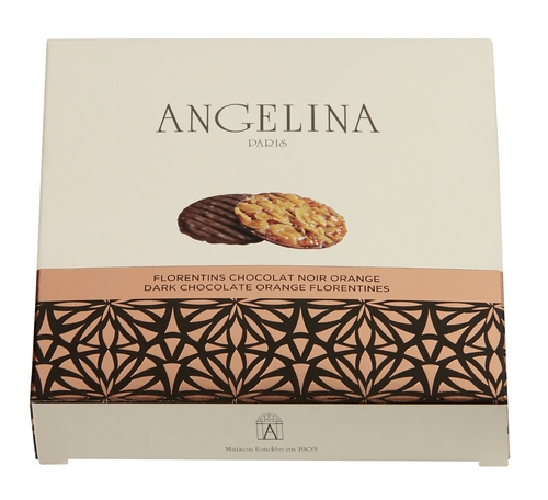 Dark chocolate and orange florentines - classic and very gourmet biscuit made from wheat flour and almonds, with well caramelized orange peels and a thin layer of dark chocolate, candied fruits and salted butter, To be enjoyed at tea time or ideal gift for gourmets.