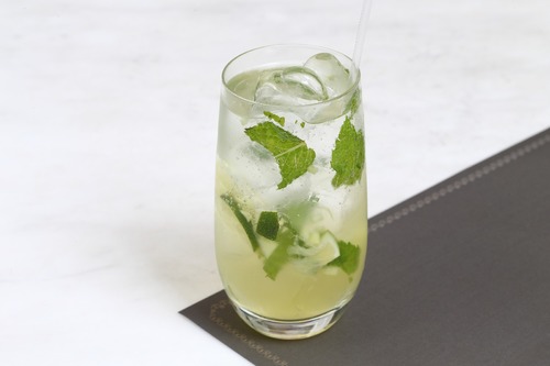 Classic mojito - lime wedges, mint leaves, chopped ginger, wild mint syrup, lemon rancho, soda water, ice cubes