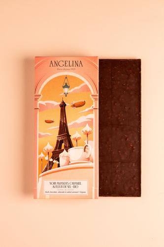 Organic Dark Chocolate with Caramel Almond 100 G - Organic chocolate bar with chopped almonds, salted caramel and salt flower, contains eggs, soya and peanuts